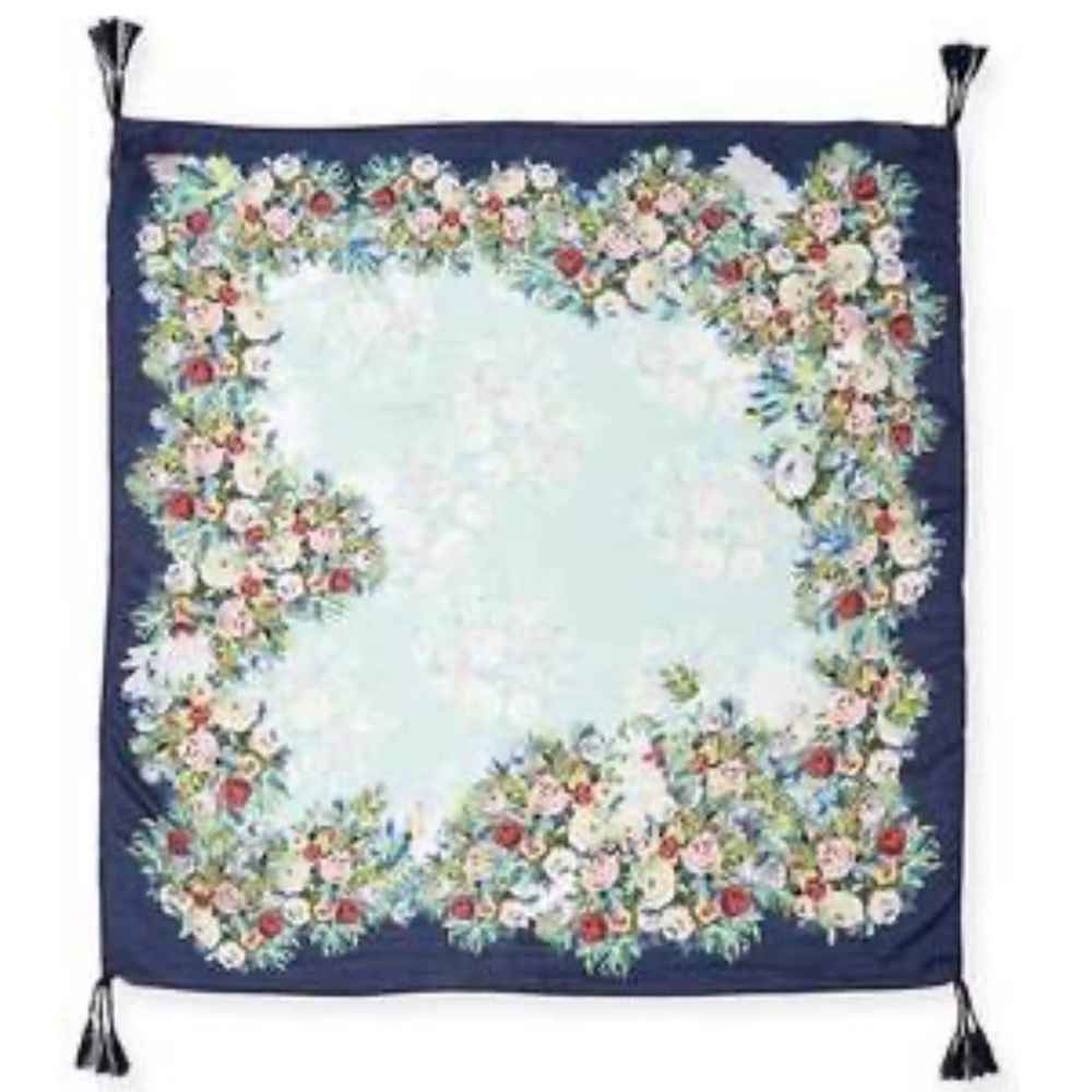 Johnny Was Floral Border Scarf - Navy and Multicolor Silk with Tassels